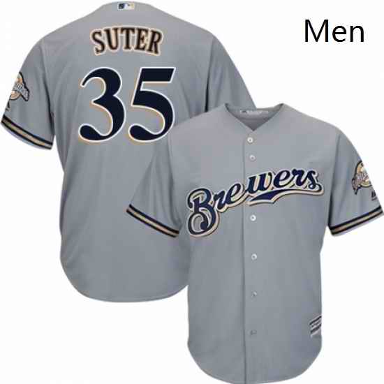 Mens Majestic Milwaukee Brewers 35 Brent Suter Replica Grey Road Cool Base MLB Jersey